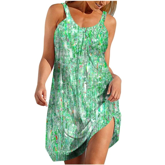 Lovskoo Womens Sleeveless Boho Beach Dresses 2024 Casual Cute Floral Print Round Neck T Shirt Short Dress Summer Spaghetti Strap Mini Dresses Green S