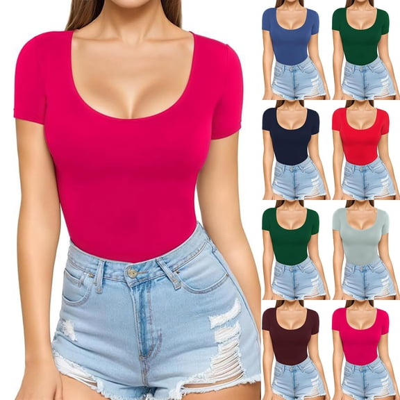 Lovskoo Womens Slim Fit Tees Solid Color Basic T Shirts Summer Outfits 2025 Scoop Neck Short Sleeve Tops Y2K Clothing Blue