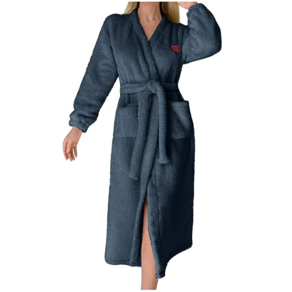 Lovskoo Womens Solid Color Fuzzy Fluffy Robe Soft Warm Fleece Bathrobe for Women Long Robe with Pockets Navy