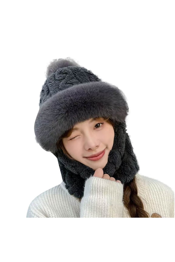 Womens Solid Color Thick Scarf Mask with Integrated Ear Protection Thick Warm Headband Cap Black