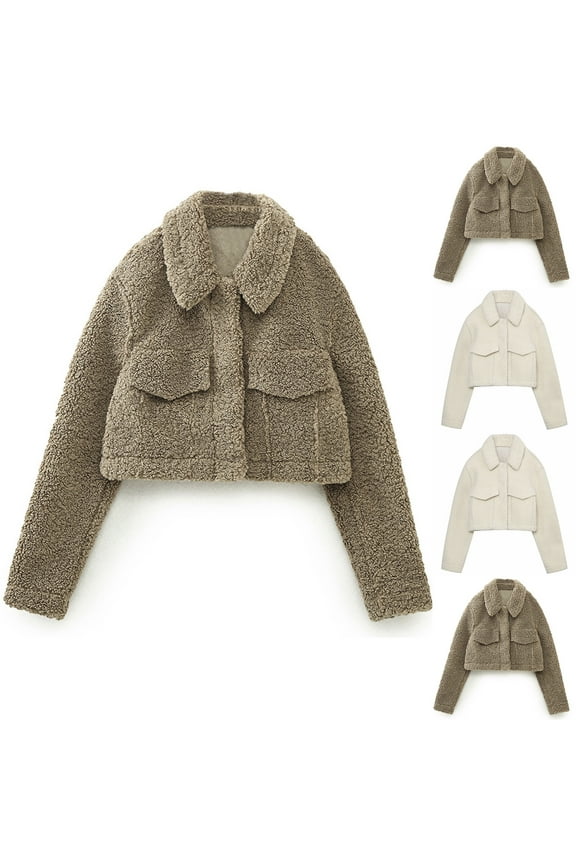 Womens Spring Fall Clothes Teddy Shacket Jacket Fuzzy Lapel Button Down Cropped Coat Winter Outerwear Khaki