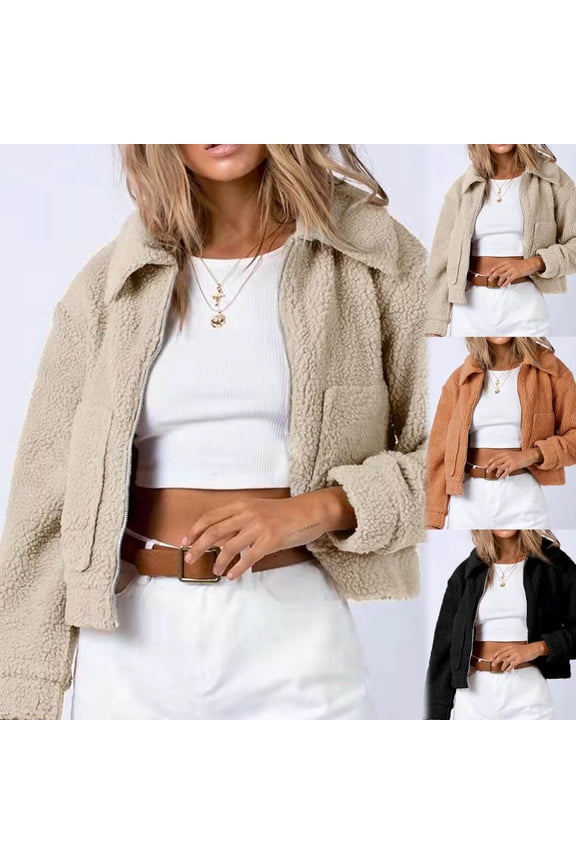Womens Spring Fall Clothes Teddy Shacket Jacket Fuzzy Lapel Zipper Cropped Coat Winter Outerwear Yellow