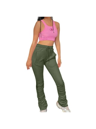 Stacked Pants Women Solid High Waist Drawstring Bottom Flare Pleated Pants  Leggings Thick Sweatpants Trousers Stretch (Color : Pink, Size : M.) :  : Clothing, Shoes & Accessories