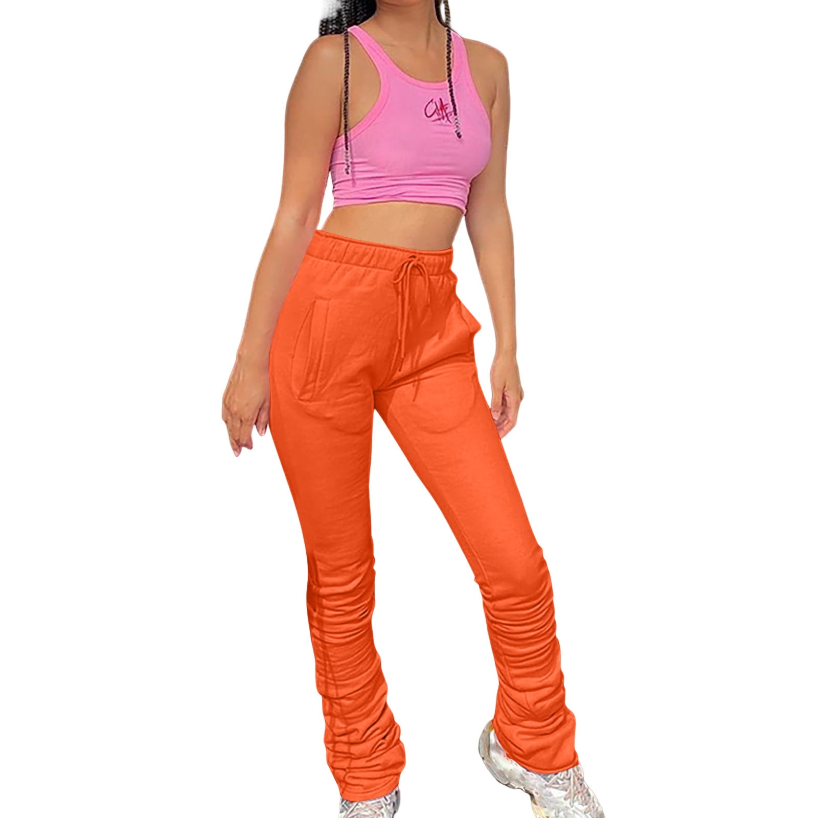 Lovskoo Womens Stacked Pants Sweatpants Fleece Lined Leggings High Waist  Drawstring Ruched Joggers Winter Thick Warm Solid Color Trousers Orange 