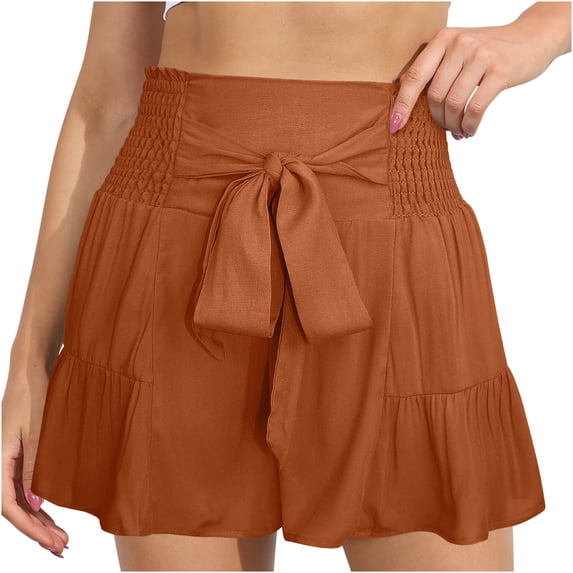 Lovskoo Womens Summer 2024 Casual Shorts High Waisted Tie Knot Front Ruffle Hem Wide Leg Flowy Shorts for Women Trendy Orange XL