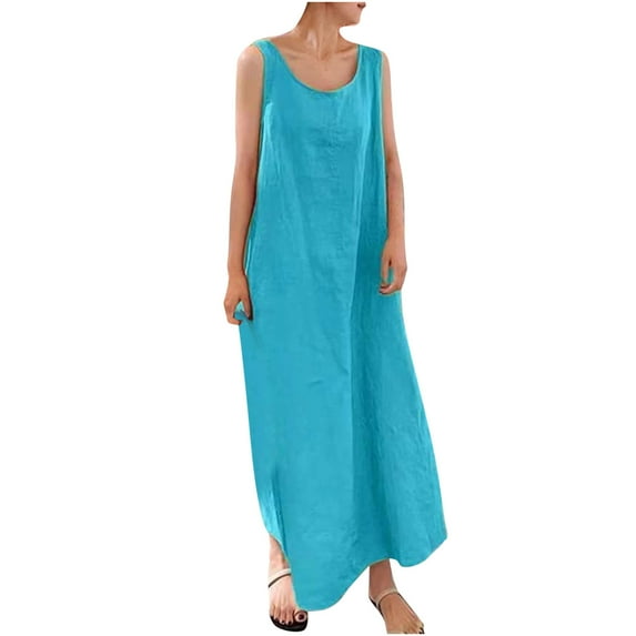 Lovskoo Womens Summer Dresses Maxi Dress Tank Dress Cotton Linen Trendy Cotton And Linen Crewneck Loose Sleeveless Solid Mini Dress Blue