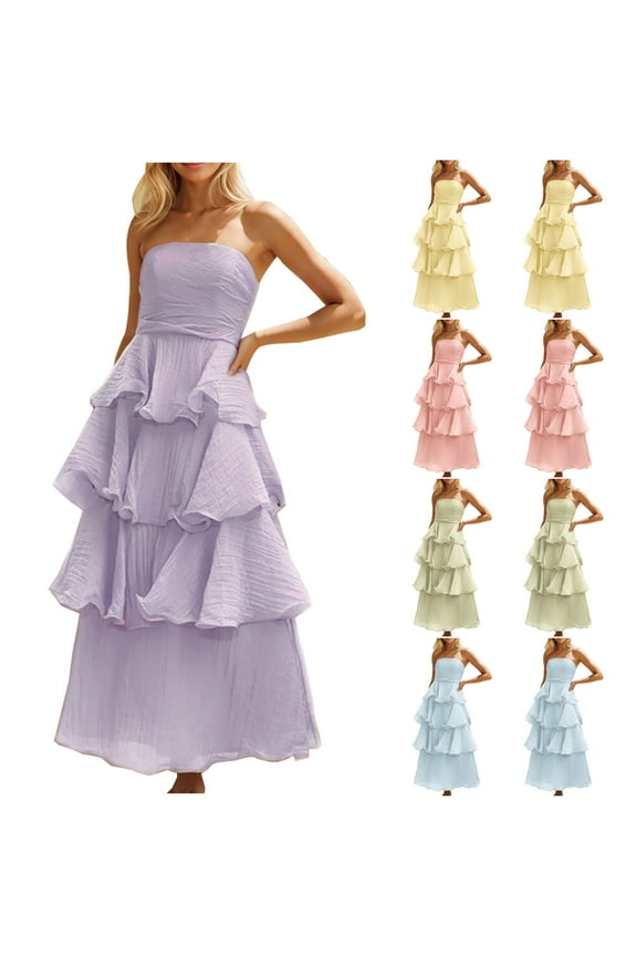 Womens Summer Strapless Tube Dress 2025 Spring Ruffle Tiered Beach Sundress Wedding Guest Maxi Dress Green