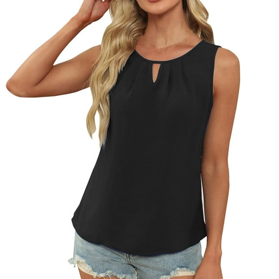 Lovskoo Womens Summer Tank Top Sleeveless V Neck Keyhole Business Casual Outfits 2024 Basic Loose Dressy Linen Work Shirt Black