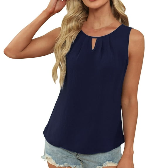 Lovskoo Womens Summer Tank Top Sleeveless V Neck Keyhole Business Casual Outfits 2024 Basic Loose Dressy Linen Work Shirt Navy