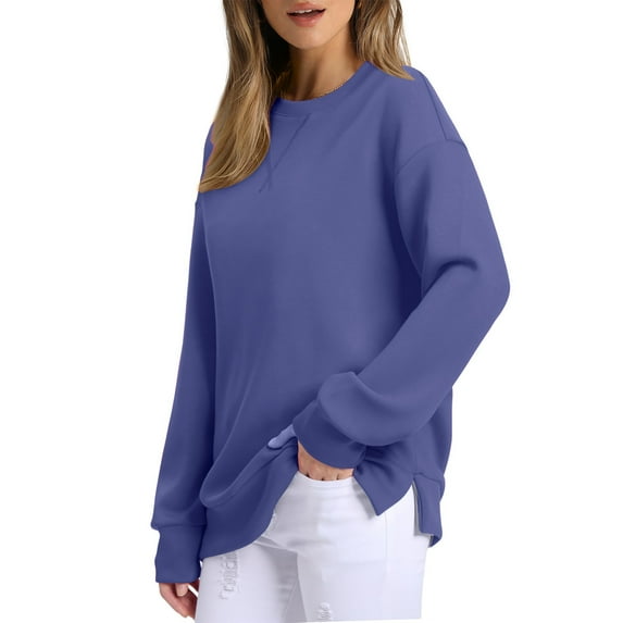 Lovskoo Sweatshirts for Women Crewneck Long Sleeve Loose Fit Tops Solid Color Tunic Pullover Fashion 2025 Purple M