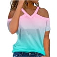 thumbnail image 1 of Lovskoo Womens Summer Tops Trendy Gradient Print V-Neck Off Shoulder Casual Short Sleeved Top Shirt Pink, 1 of 6