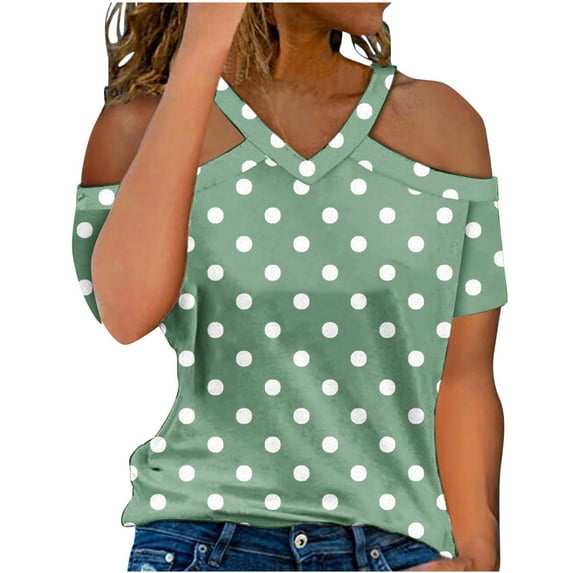 Lovskoo Womens Summer Tops Trendy Polka Dot Print V-Neck Off Shoulder Casual Short Sleeved Top Shirt Green