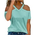 thumbnail image 1 of Lovskoo Womens Summer Tops Trendy Solid Color V-Neck Off Shoulder Casual Short Sleeved Top Shirt Mint Green, 1 of 6