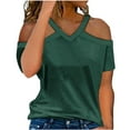thumbnail image 1 of Lovskoo Womens Summer Tops Trendy Solid Color V-Neck Off Shoulder Casual Short Sleeved Top Shirt Olive Green, 1 of 6
