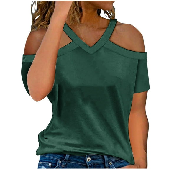 Lovskoo Womens Summer Tops Trendy Solid Color V-Neck Off Shoulder Casual Short Sleeved Top Shirt Olive Green