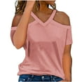 thumbnail image 1 of Lovskoo Womens Summer Tops Trendy Solid Color V-Neck Off Shoulder Casual Short Sleeved Top Shirt Pink, 1 of 6
