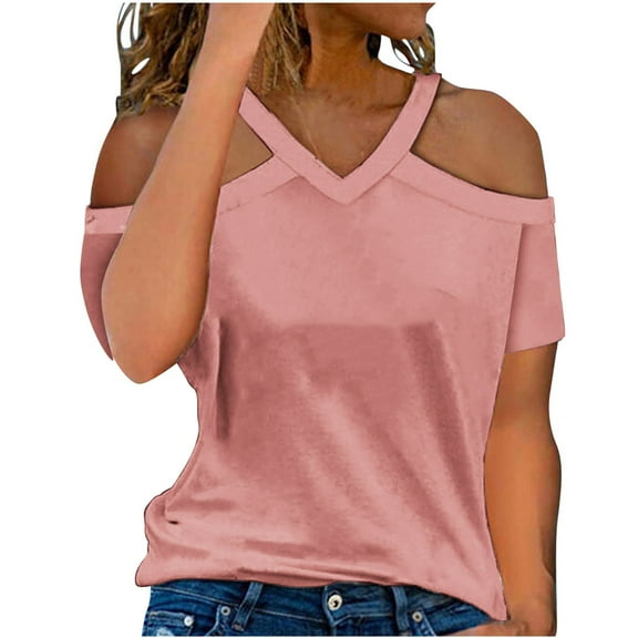 Lovskoo Womens Summer Tops Trendy Solid Color V-Neck Off Shoulder Casual Short Sleeved Top Shirt Pink