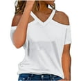 thumbnail image 1 of Lovskoo Womens Summer Tops Trendy Solid Color V-Neck Off Shoulder Casual Short Sleeved Top Shirt White, 1 of 6