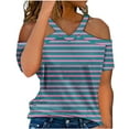 thumbnail image 1 of Lovskoo Womens Summer Tops Trendy Striped Print V-Neck Off Shoulder Casual Short Sleeved Top Shirt Blue, 1 of 6