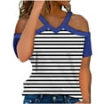 thumbnail image 1 of Lovskoo Womens Summer Tops Trendy Striped Print V-Neck Off Shoulder Casual Short Sleeved Top Shirt Blue, 1 of 6