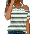 thumbnail image 1 of Lovskoo Womens Summer Tops Trendy Striped Print V-Neck Off Shoulder Casual Short Sleeved Top Shirt Green, 1 of 6