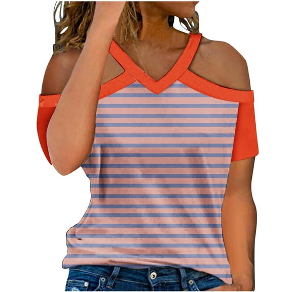 Lovskoo Womens Summer Tops Trendy Striped Print V-Neck Off Shoulder Casual Short Sleeved Top Shirt Orange