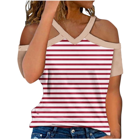 Lovskoo Womens Summer Tops Trendy Striped Print V-Neck Off Shoulder Casual Short Sleeved Top Shirt Pink