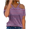 thumbnail image 1 of Lovskoo Womens Summer Tops Trendy Striped Print V-Neck Off Shoulder Casual Short Sleeved Top Shirt Purple, 1 of 6