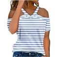 thumbnail image 1 of Lovskoo Womens Summer Tops Trendy Striped Print V-Neck Off Shoulder Casual Short Sleeved Top Shirt White, 1 of 6
