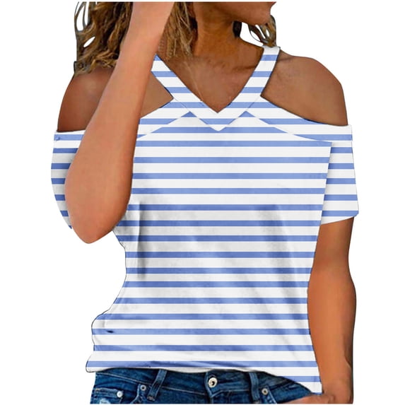 Lovskoo Womens Summer Tops Trendy Striped Print V-Neck Off Shoulder Casual Short Sleeved Top Shirt White