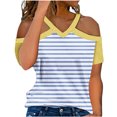 thumbnail image 1 of Lovskoo Womens Summer Tops Trendy Striped Print V-Neck Off Shoulder Casual Short Sleeved Top Shirt Yellow, 1 of 6