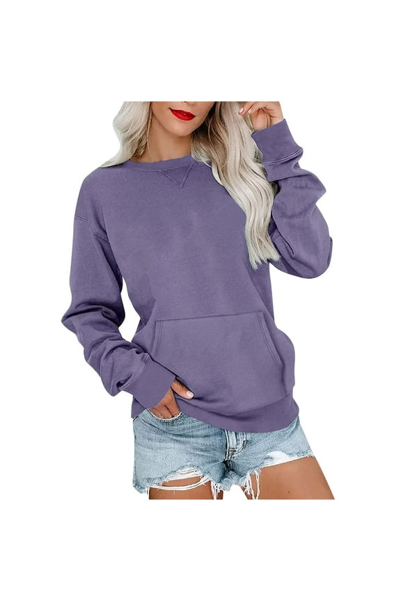 Womens Sweatshirt Solid Color Crewneck Long Sleeve Pocket Loose Fit Pullover Fleece Fall Tops Sweater Purple