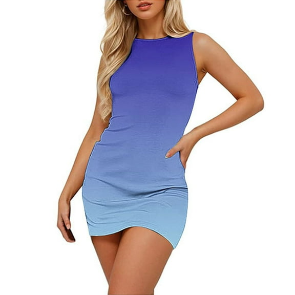 Lovskoo Womens T Shirt Short Mini Dress Gradient Color Summer Dress Scoop Neck Sleeveless Tank Dresses Basic Bodycon Mini Dress Blue