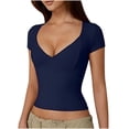 thumbnail image 1 of Lovskoo Womens Tops 2024 Summer Short Sleeve Slim V Neck Plunge Basic V Neck Slim T Shirt Tops Tunic Tee Blue M, 1 of 7