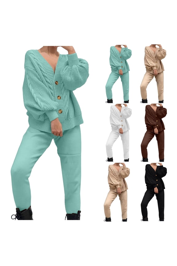Womens Two Piece Outfits Knit Sweater Sets Oversized Button Down Cardigan and Long Pants Matching Lounge Set Green