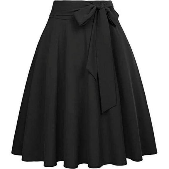 Lovskoo Womens Vintage High Waist A-Line Skater Skirt Bow Tie Flared Midi Skirt with Pockets Black XL
