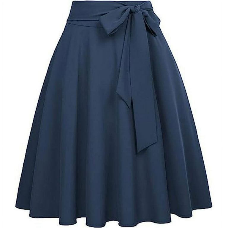 Lovskoo Womens Vintage High Waist A Line Skater Skirt Bow Tie Flared Midi Skirt with Pockets Dark Blue M