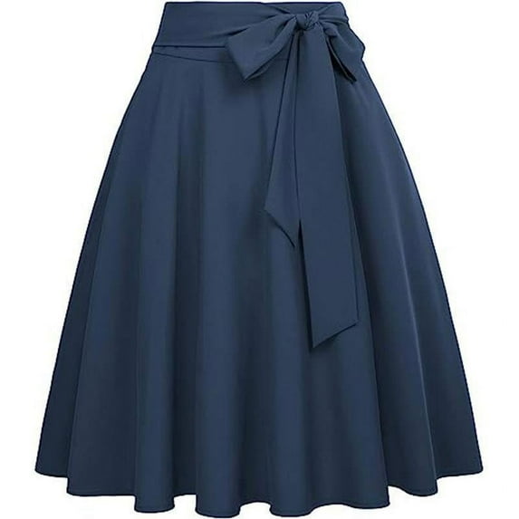 Lovskoo Womens Vintage High Waist A-Line Skater Skirt Bow Tie Flared Midi Skirt with Pockets Dark Blue XL