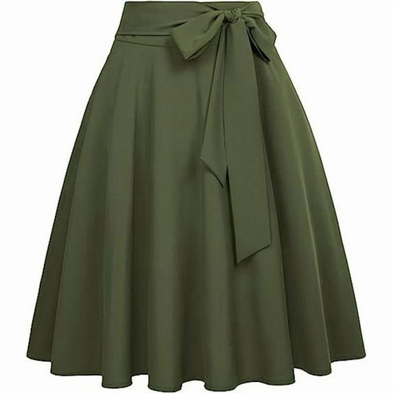 Lovskoo Womens Vintage High Waist A-Line Skater Skirt Bow Tie Flared Midi Skirt with Pockets Olive Green S