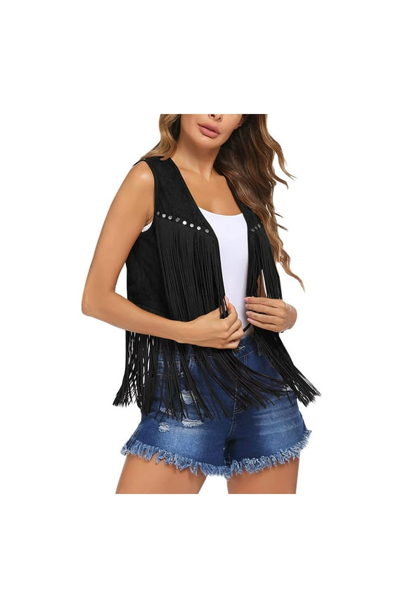 Womens Vintage Western Fringe Vest Tops Classic Suede Leather 70S Cowboy Shirt Sleeveless Tassels Cardigan Jackets Black