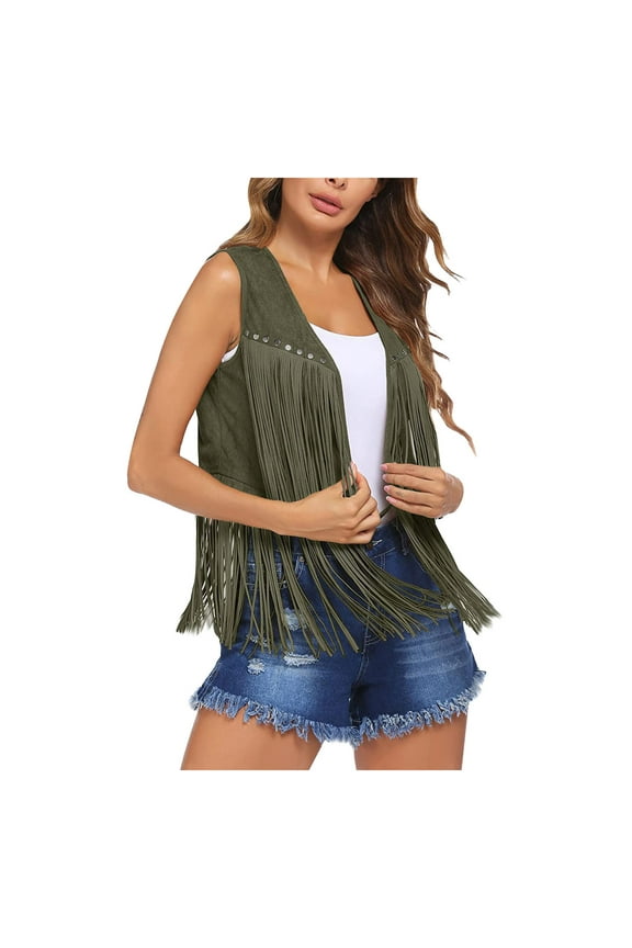 Womens Vintage Western Fringe Vest Tops Classic Suede Leather 70S Cowboy Shirt Sleeveless Tassels Cardigan Jackets Olive Green