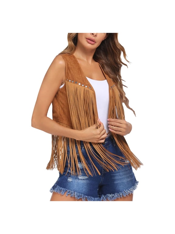 Womens Vintage Western Fringe Vest Tops Classic Suede Leather 70S Cowboy Shirt Sleeveless Tassels Cardigan Jackets Yellow