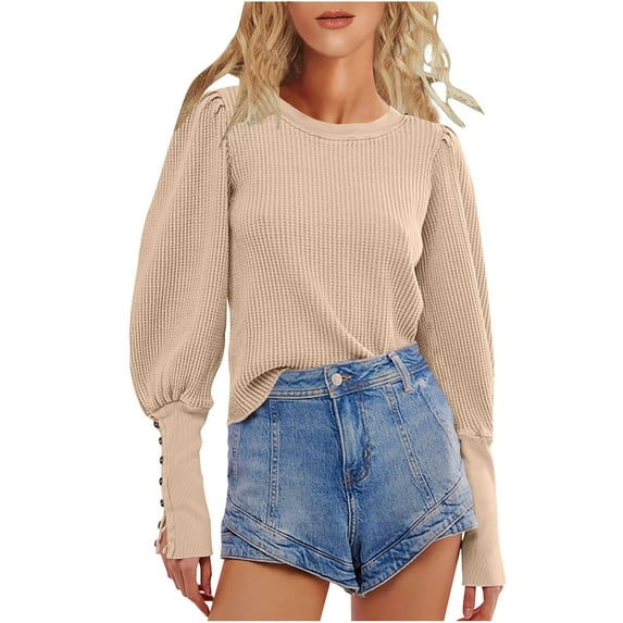 Lovskoo Womens Waffle Knit Puff Long Sleeve Tops Crew Neck Casual Loose Solid Basic T Shirt Button Cuffs Pullovers Shirts Blouse Khaki M