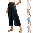 thumbnail image 1 of Lovskoo Womens Wide Leg Cotton Linen Cropped Pants Drawstring Elastic High Waisted Ruffle Hem Palazzo Pants with Pockets Pink, 1 of 7