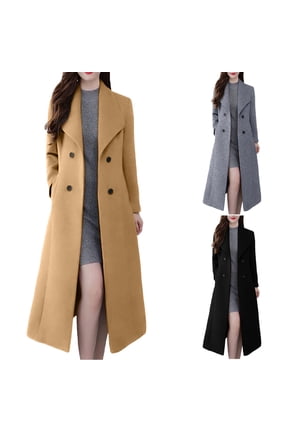 Womens Winter Coats Double Breasted Pea Coat Turn Down Collar Long Sleeve Casual Coat Cardigan Trench Coat Overcoat Black