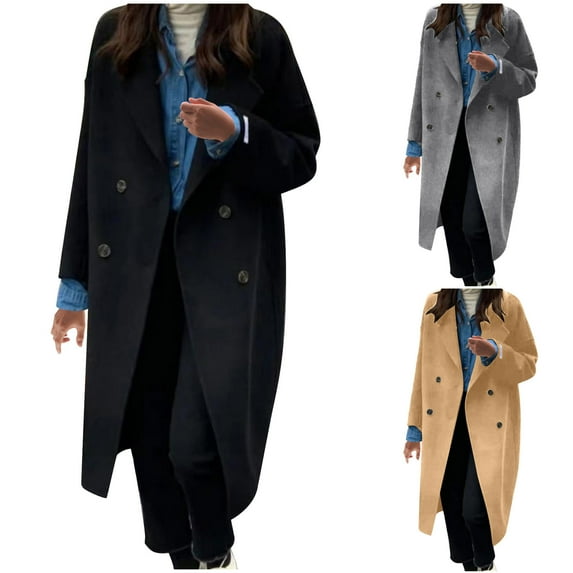 Lovskoo Womens Winter Coats Double Breasted Pea Coat Turn Down Collar Long Sleeve Casual Coat Cardigan Trench Coat Overcoat Gray