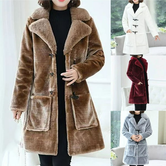 Lovskoo Womens Winter Coats Faux Fur Jacket Thick Warm Long Sleeve Open Front Outerwear Solid Blouse Coat Tops Button Overcoat Claret