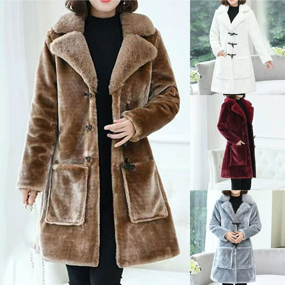 Lovskoo Womens Winter Coats Faux Fur Jacket Thick Warm Long Sleeve Open Front Outerwear Solid Blouse Coat Tops Button Overcoat White