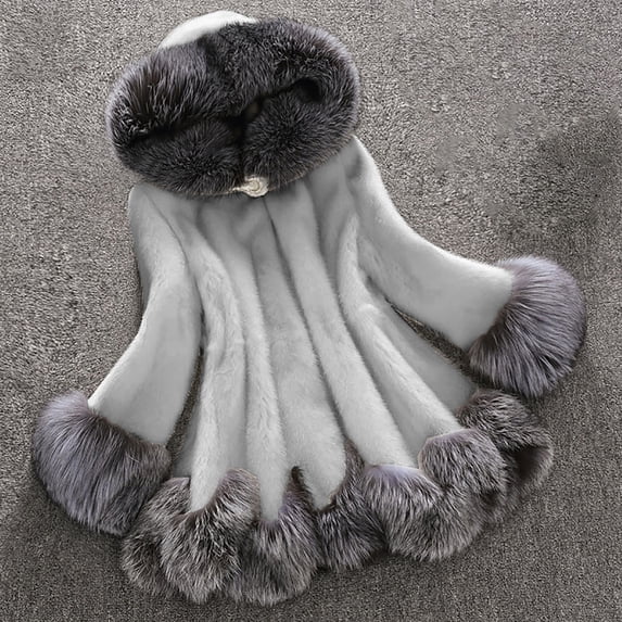 Lovskoo Womens Winter Coats Faux Fur Jacket Thick Warm Open Front Cardigan Furry Long Sleeve Hooded Parka Overcoat Gray