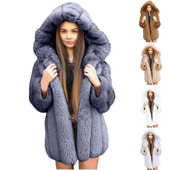 Lovskoo Womens Winter Coats Faux Fur Jacket Thick Warm Open Front Cardigan Long Sleeve Medium Length Hooded Coat White